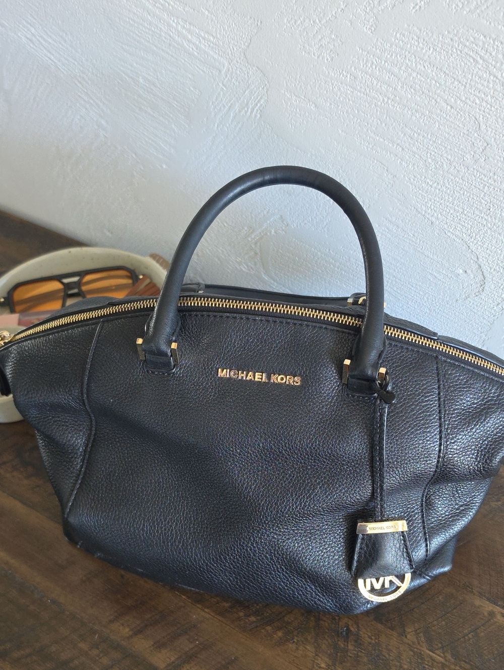Michael Kors Black Pebbled Leather Dome Satchel with Gold Accents